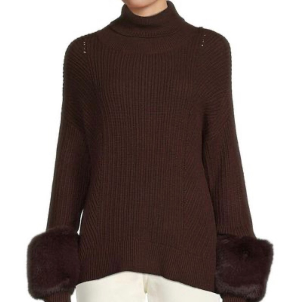 Saks Fifth Avenue Chocolate Brown Faux Fur Trim Turtleneck Sweater